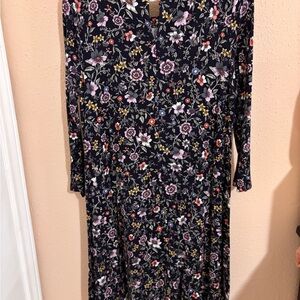 LOFT Pink and Purple Long Sleeve V-Neck Sundress